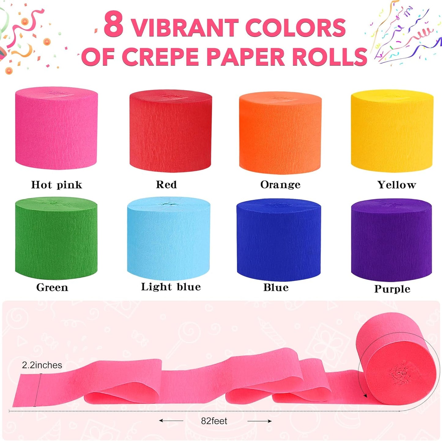Oubest Crepe Paper Streamers 2.2 Inch x 656 Feet Ideal Party Supplies & Decorations for Birthdays Baby Showers Bachelorettes Weddings DIY, 8 Rolls Pastel Streamers Backdrops, Doorway & Wall Decor