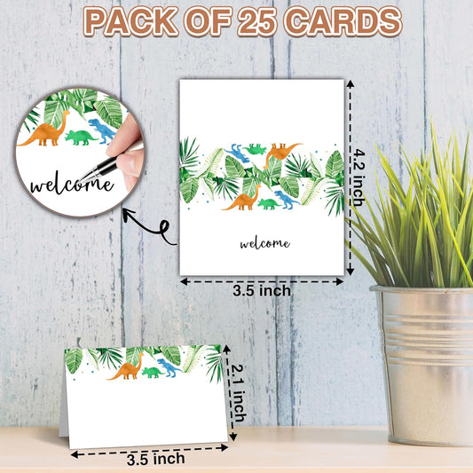 Dinosaur Table Place Cards - 25PCS Tent Cards - Tropical Dino Themed Food Lables - Name Place Cards for Table Setting - Name Cards for Birthday Party Baby Shower - Scored for Easy Folding -12