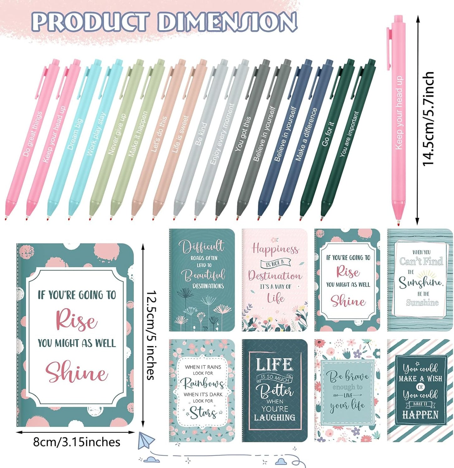 Funrous 32 Pcs Motivational Quote Pens Inspirational Notepads Mini Journal with Ballpoint Pen Small Notebooks Gift for Men Women Coworker Adult Party Favors Prize Teacher Student Office(Stylish)