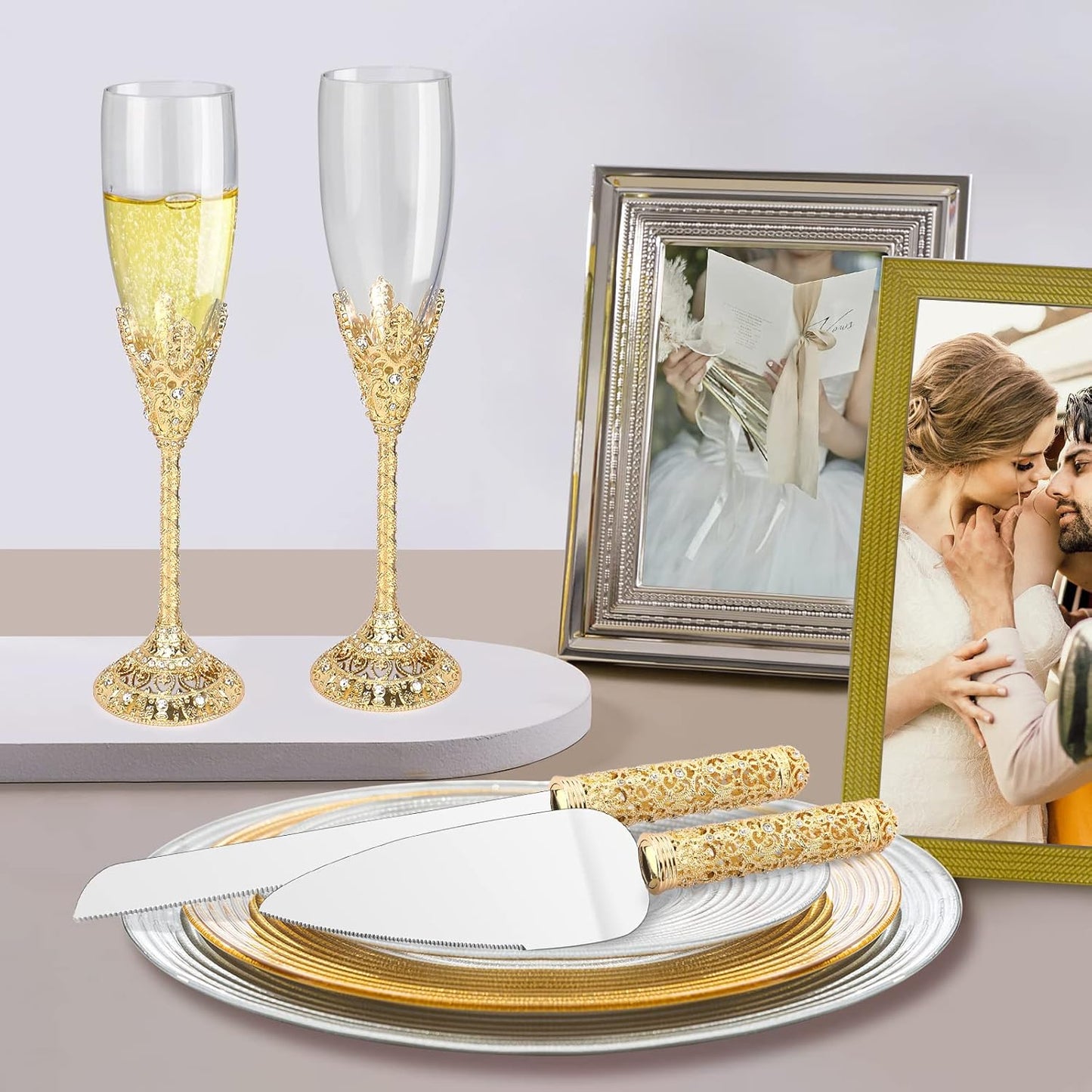 Gold Cake Knife and Server Set - 2 Piece Dessert Set Metal Handle with Crystal Stones Decoration for Wedding, Anniversary Party Birthday Banquets and Gifts for Bride and Groom