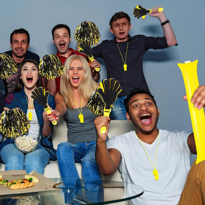 Yunsailing 96 Pcs Homecoming Noisemakers Team Spirit Accessories for Game Day Include Hand Clappers Cheerleading Pom Pom Thunder Stick Cheer Party Blower Plastic Whistle for Sport Fans(Gold)