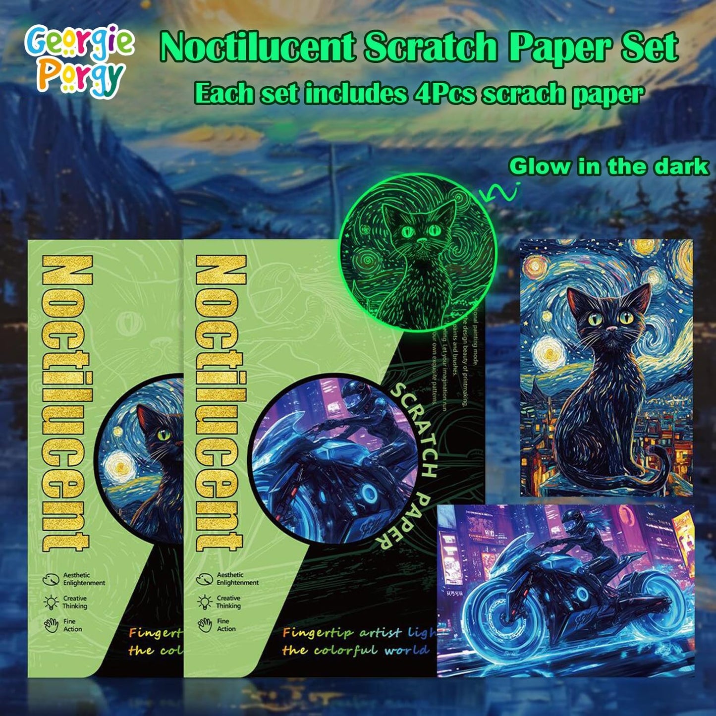 Georgie Porgy Scratch Paper Art Set for Kids Adults Magic Rainbow Scratchboards for DIY Arts and Crafts Kits Christmas Birthday Gift with Scratching Tools Kit (A4-Noctilucent Whale + Sea World)