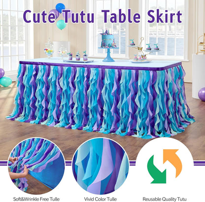 leegleri 6FT Tulle Ruffle Curly Willow Table Skirt for Rectangle or Round Tables, Under The Sea Ocean Blue Baby Shark Themed Tutu Table Skirt for Baby Shower, Birthday Party
