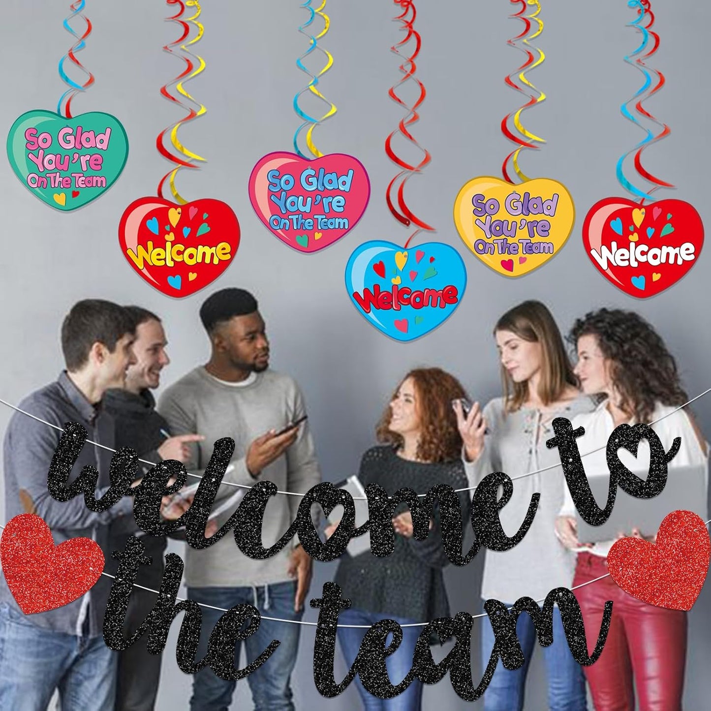 Gold Glitter Welcome To The Team Banner and Hanging Swirls, Welcome Banner, Welcome Sign, Welcome Decorations for New Employee Coworker Teacher Colleague Staff Team Member Office Party