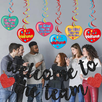 Gold Glitter Welcome To The Team Banner and Hanging Swirls, Welcome Banner, Welcome Sign, Welcome Decorations for New Employee Coworker Teacher Colleague Staff Team Member Office Party