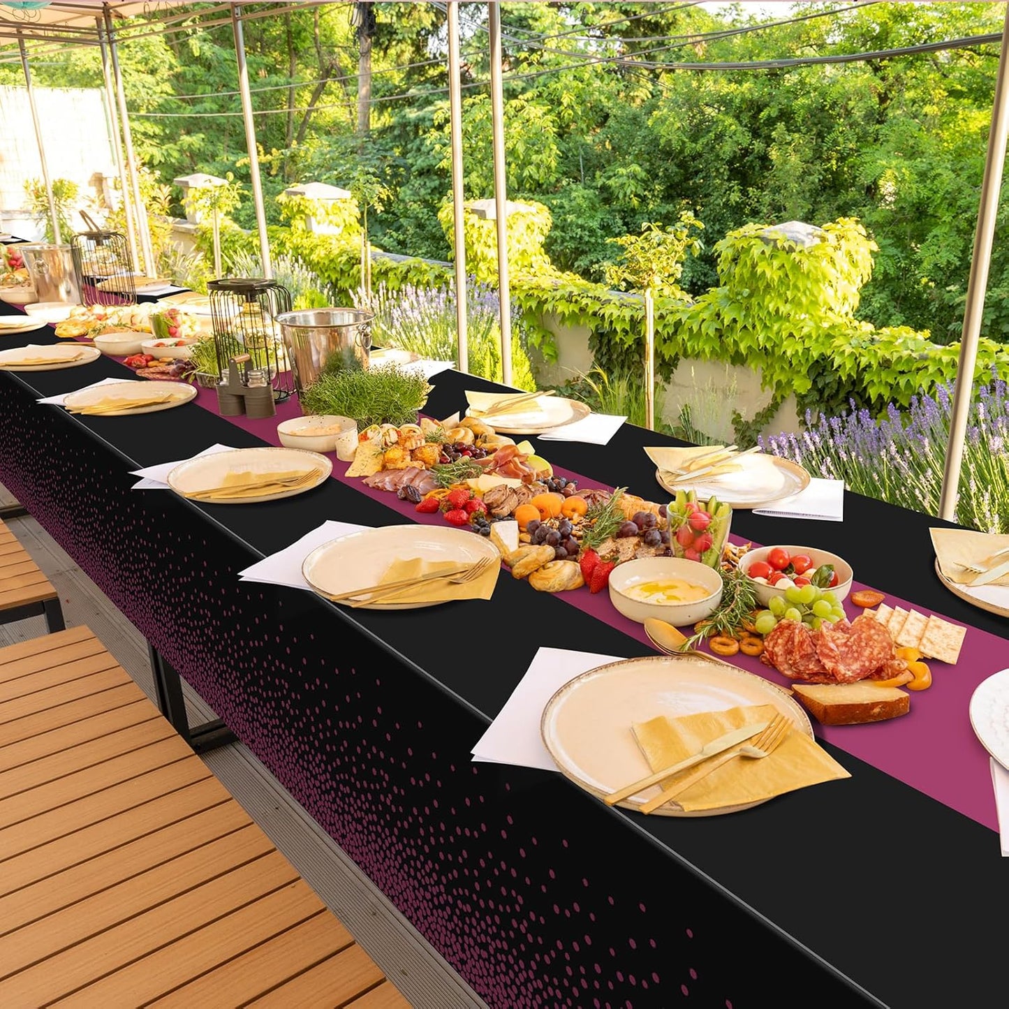 MASHAN 3Pcs Black and Red Tablecloth Party Decorations,Plastic Black Table Cloth Printed Red Table Runner Disposable Rectangle Cover for Birthday Weeding Anniversary Graduation Party,54 x108 Inch