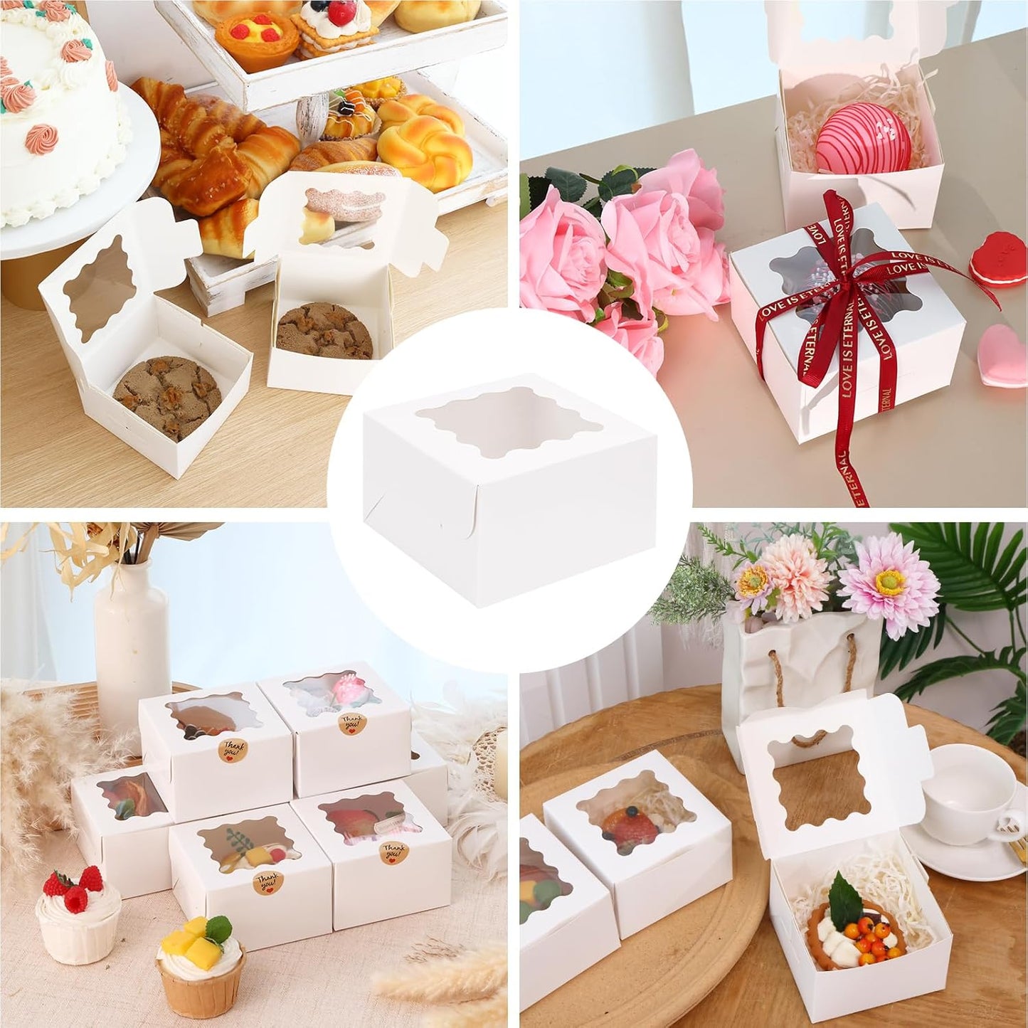 Moretoes 120pcs White Bakery Boxes, 4x4x2.5 Inch Cookie Boxes with Window for Small Cake, Treats, Donuts, Candy