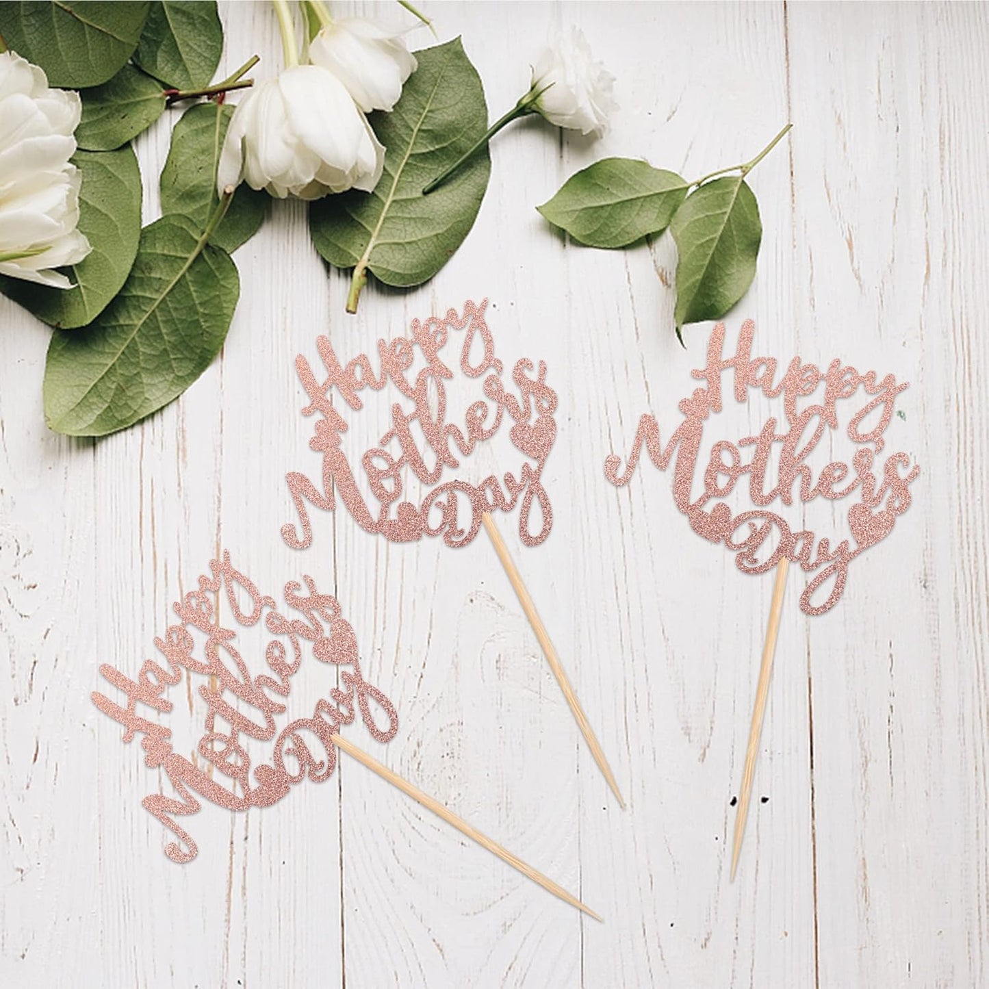 24 PCS Happy Mother's Day Cupcake Toppers with Glitter Heart Love Mother Best Mom Cupcake Picks for Happy Mother's Day Theme Women Birthday Party Cake Decorations Supplies Rose Gold