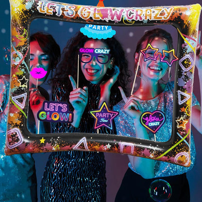 25pcs Neon Glow Party Photo Booth Props with Let's Glow Inflatable Selfie Photo Booth Frame - Funny Neon Selfie Props for Dark Black Light Birthday Party Decoration Supplies