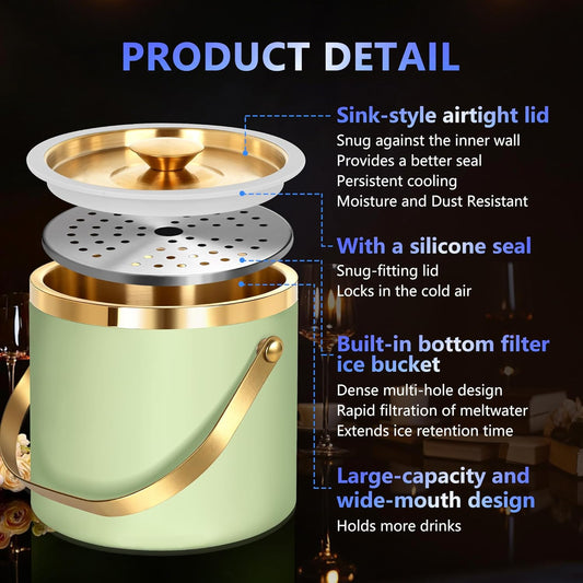Ice Bucket, Ice Bucket with Silicone Sealing Ring Double-Wall Vacuum Insulation Champagne Buckets with Filter Layer Ice Tongs Ice Scoop (Gold, 3 L)
