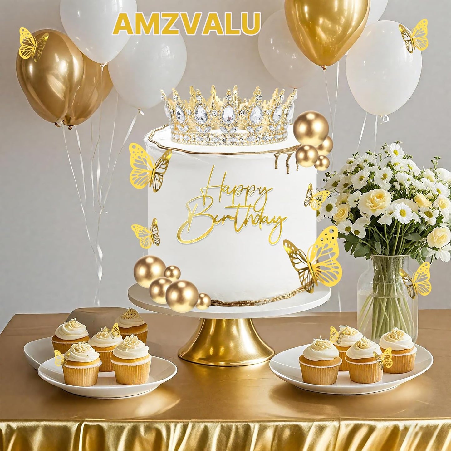 Crown Cake Topper, Balls Happy Birthday Cake Topper Pink Crown Birthday Candles Gold Butterflies, Corona Para Pastel, Cake Decorations for Birthday Wedding (Gold, Pink)