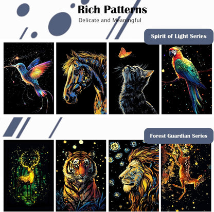 Scratchboard Art for Adult Luminous Scratch Painting Kits, A5 Scratch Art Rainbow Painting Paper 8 Sheet with 4 Tools, Scratchboard for Teens & Adults, Fun Creative Craft Toy/Gifts/Decor, Dreams