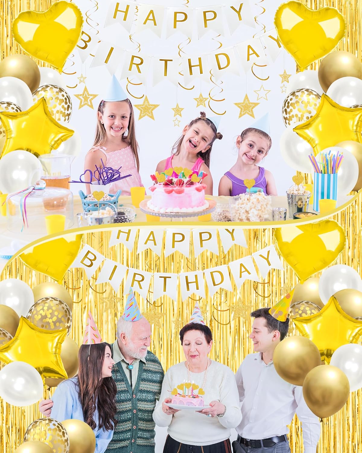 Lutoys Rose Gold Happy Birthday Party Decorations, Happy Birthday Banner, Rose Gold Foil Heart Star Confetti Balloons Curtain Backdrop Hanging Swirls Party Decor for Girls Women Princess