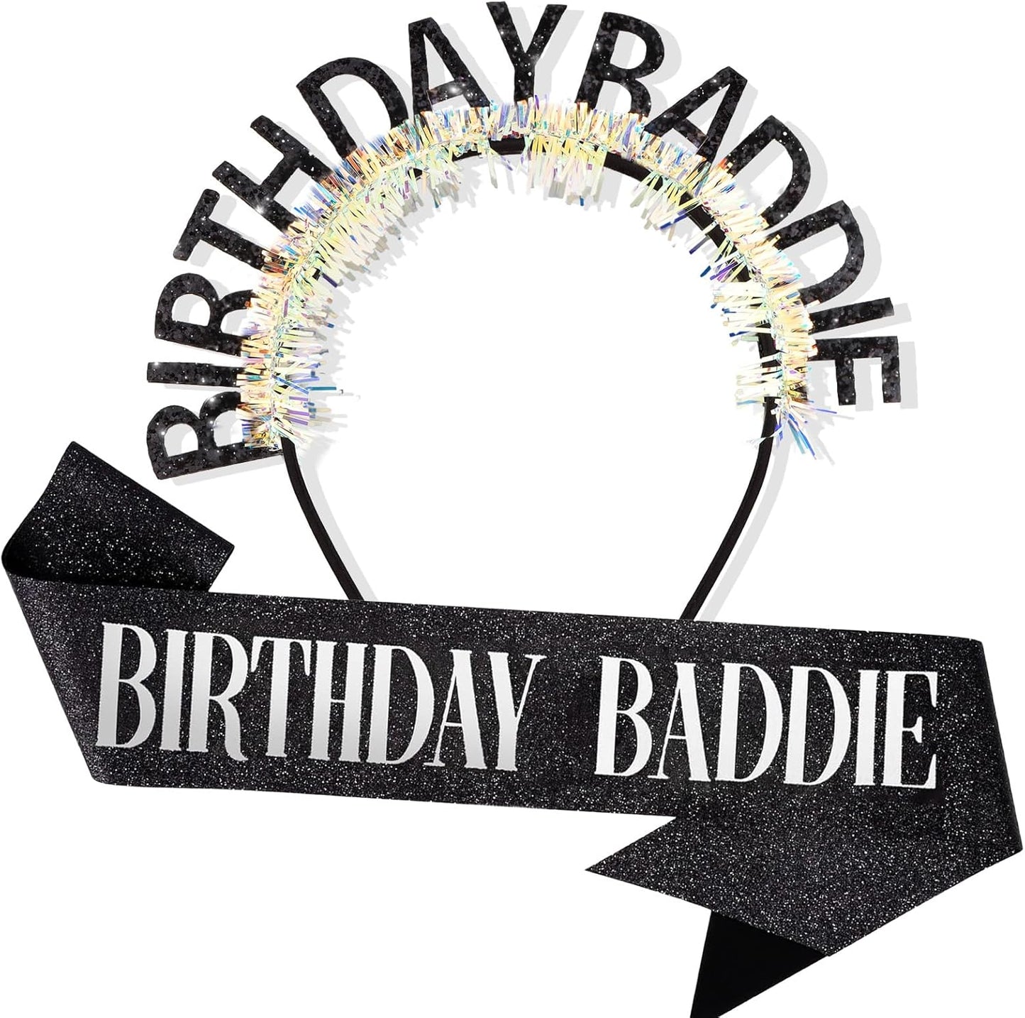 Birthday Baddie Glitter Headband and Sash Set, Black with Iridescent Tinsel, Birthday Party Accessories