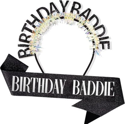 Birthday Baddie Glitter Headband and Sash Set, Black with Iridescent Tinsel, Birthday Party Accessories