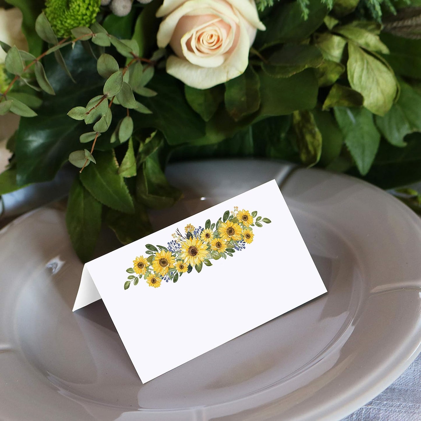 321Done Sunflower Floral Place Cards for Table Setting - Set of 24 Blank Name Cards, Seating Chart & Placecard for Wedding Reception, Dinner Party, Buffet & Calligraphy - 3.5x2, White, Made in USA