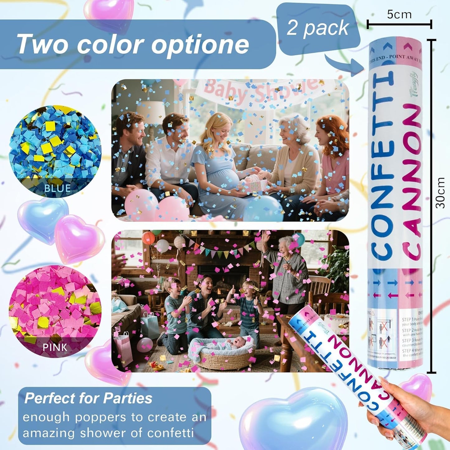 2 Pack Gender Reveal Confetti Cannon, 12 in Pink Square shaped Paper Party Poppers Cannons, Confetti Poppers For Baby Girl Gender Reveal Baby Showers (Square, Pink)
