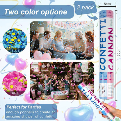2 Pack Gender Reveal Confetti Cannon, 12 in Pink Square shaped Paper Party Poppers Cannons, Confetti Poppers For Baby Girl Gender Reveal Baby Showers (Square, Pink)