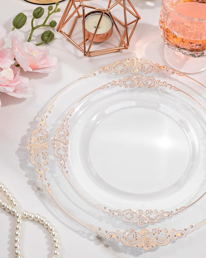 Nervure 350PCS Gold Plastic Plates - Gold Plastic Dinnerware Sets for 50 Guests - 100 Disposable Plates, 150 Silverware, 50 Cups, 50 Napkins for Wedding & Party & Mothers Day