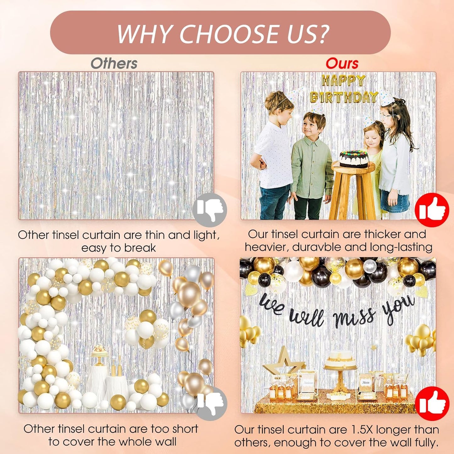 Birthday Party Decorations: 3 Pack 3.3 x 9.9 ft Gold Foil Fringe Curtains Party Supplies, Tinsel Curtain Backdrop for Parties/Birthday/Photo Booth