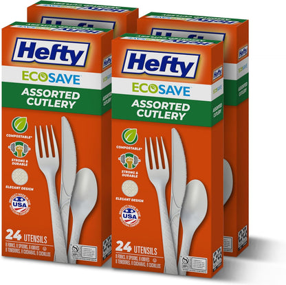 Hefty ECOSAVE Compostable Assorted Cutlery Set, Utensils for BBQs, Tailgates, Camping, Parties, and More, Includes 8 Forks, 8 Spoons, and 8 Knives, Compostable, Sustainable Design, 24 Count