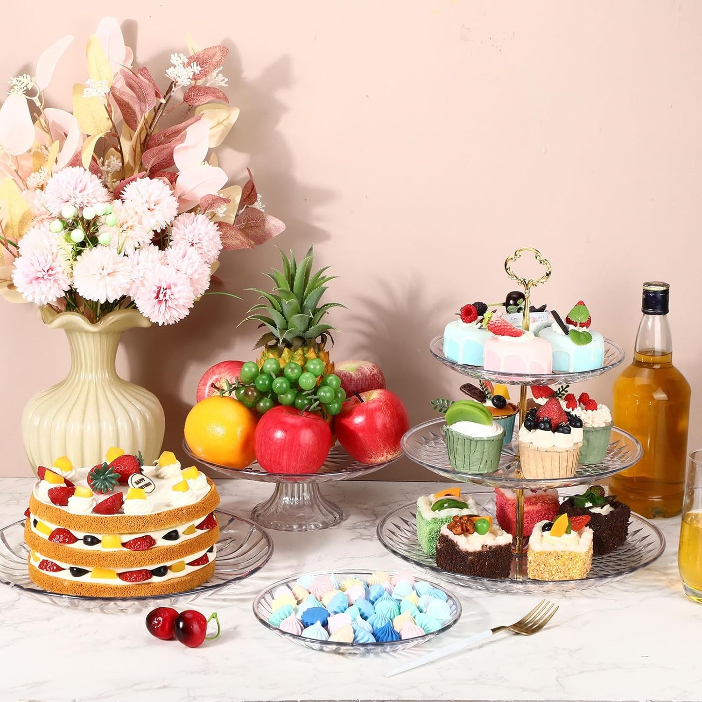 6 Pcs Acrylic Dessert Stands Set Include Display Risers Cupcake Tower and Clear Round Dessert Trays Cake Table Holder for Wedding Baby Shower Decoration(Classic Style)