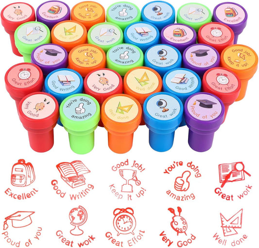 30 Pcs Teacher Stamps for School Self Inking Rubber Stamps Motivational Stamps for Kids Teacher Reward Stamps Plastic Colorful Stamps for Classroom Education Homework Teacher Grading Prizes Supplies