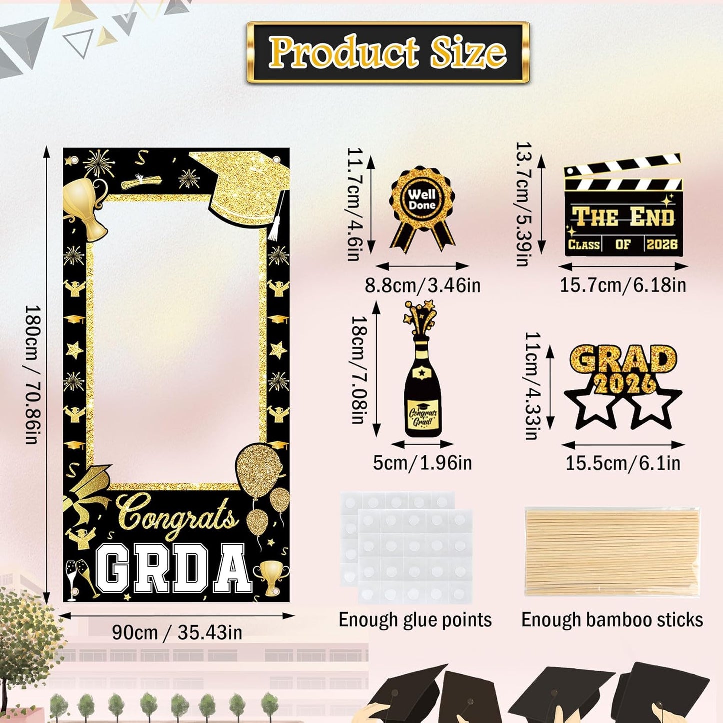 2026 Graduation Photo Booth Props & Selfie Frame Set, 30Pcs Black Gold Congrats Grad Party Photo Props with 1Pc Selfie Frame for Class of 2026 Graduation Decorations Party Supplies Gifts