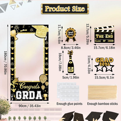 2026 Graduation Photo Booth Props & Selfie Frame Set, 30Pcs Black Gold Congrats Grad Party Photo Props with 1Pc Selfie Frame for Class of 2026 Graduation Decorations Party Supplies Gifts