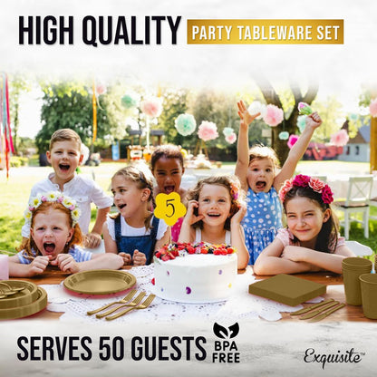 350 Pcs Black Plastic Plates For Party, Black Disposable Plates Set, 50 Of Each 9" Dinner Plate Set, 7" Dessert Plate, Cups, Napkins & Cutlery Plastic Dinnerware Set Exquisite