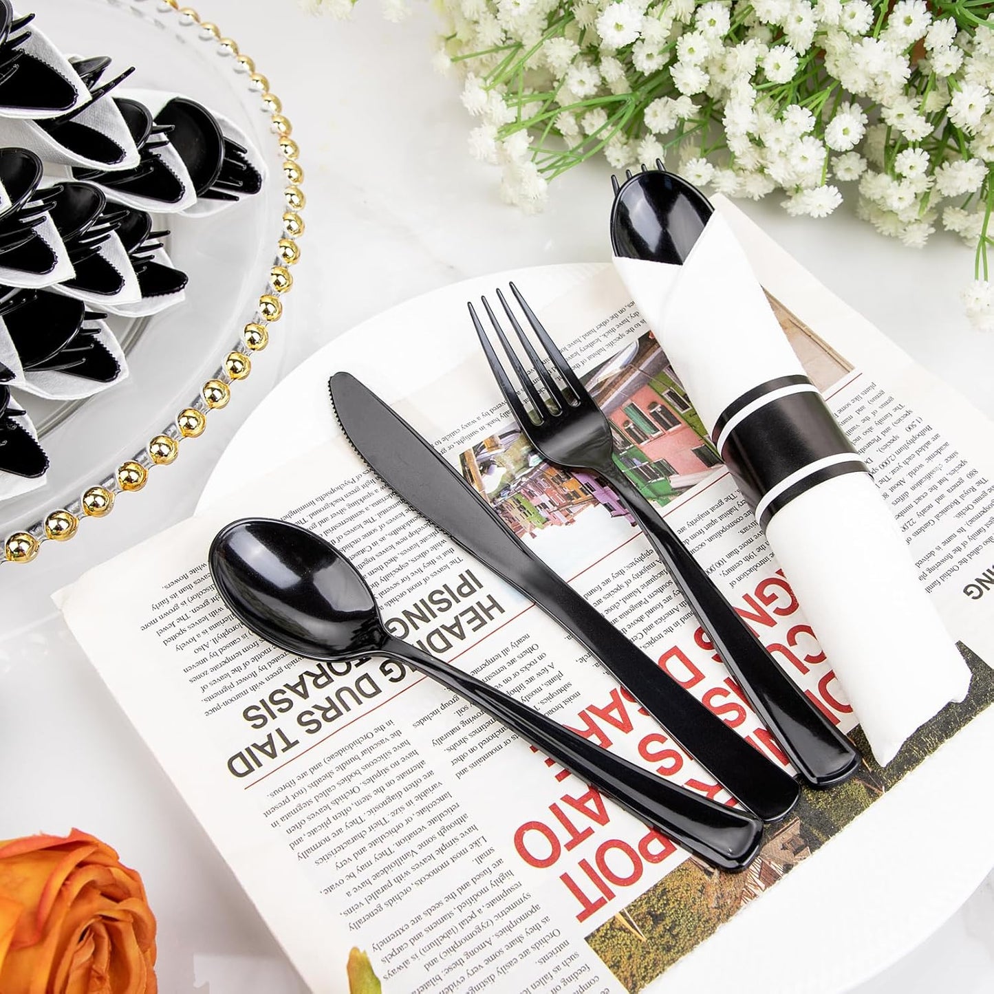 Supernal 240 Silver Plastic Silverware Set - 60 Sets Pre Rolled Napkins with Cutlery - Mirror Polished Real Look Disposable Silver Utensils- Elegant Heavy Duty Flatware for Weddings & Catering