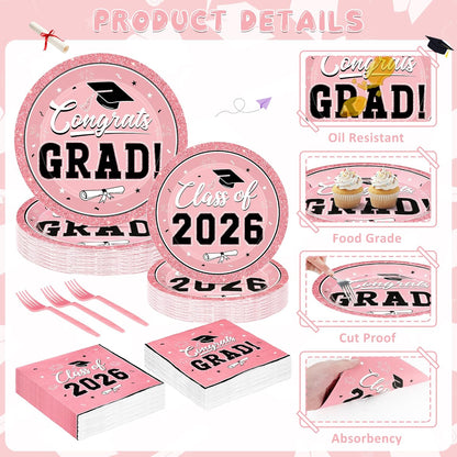 200Pcs Graduation Decorations 2026, Blue Graduation Plates and Napkins Party Supplies for 50 Guests, Disposable Grad Plates, Napkins, Dessert Plates and Forks for Grad Decor Wedding Birthday Supplies