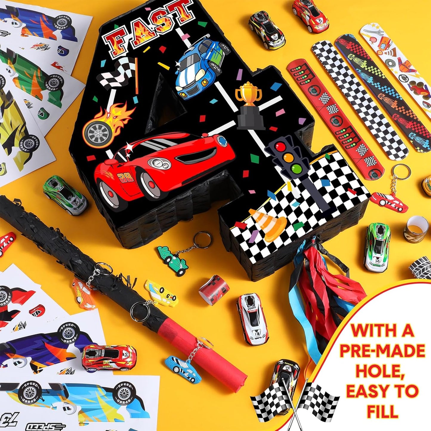 Pasimy Number 3 Piñata Race Car Party Favors Set with Black Red Birthday Piñata Stick Blindfold Slap Bracelet Keychain Sticker Racecar Party Gifts Birthday Decorations Goodie Bag Stuffer Supplies