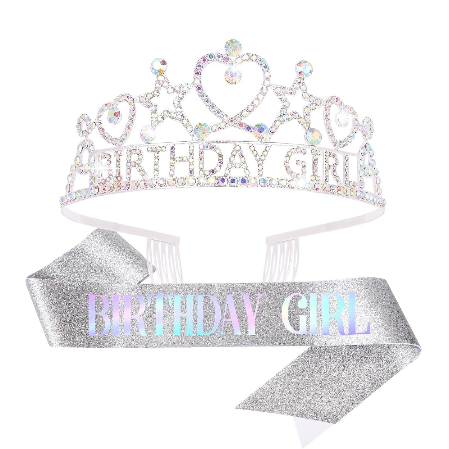 CIEHER Birthday Girl Crown and Sash Set for Birthday Decorations Gifts for Women Girls - Silver AB Rhinestones