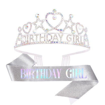 CIEHER Birthday Girl Crown and Sash Set for Birthday Decorations Gifts for Women Girls - Silver AB Rhinestones