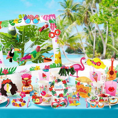 HOWAF 30 PCS Hawaiian Luau Photo Booth Props Kit, Inflatable Luau Selfie Frame and Hawaiian Tropical Funny Photo Props for Summer Tropical Beach Pool Birthday Party Decoration Supplies Tiki Party