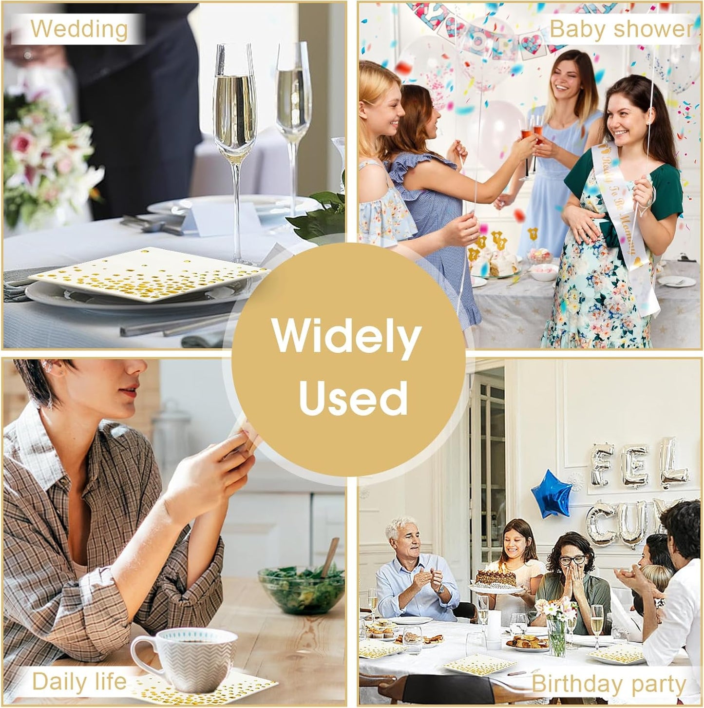 100 Pcs Gold Cocktail Napkins, 3-Ply Party Paper Napkins, 5 x 5 Inches Bar Napkin Disaposable for Weddings, Birthdays, Baby Showers, Anniversaries, and Cocktail Parties (White)