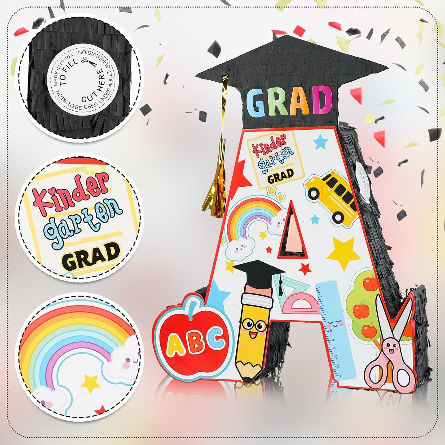 2026 Graduation Piñata with Stick,Blindfold,Confetti - 15.8 Inch Congrats Grad Cap Piñata Yellow End of Year Piñata Party Decoration for Kindergarten School Elementary College Games (Style 2)