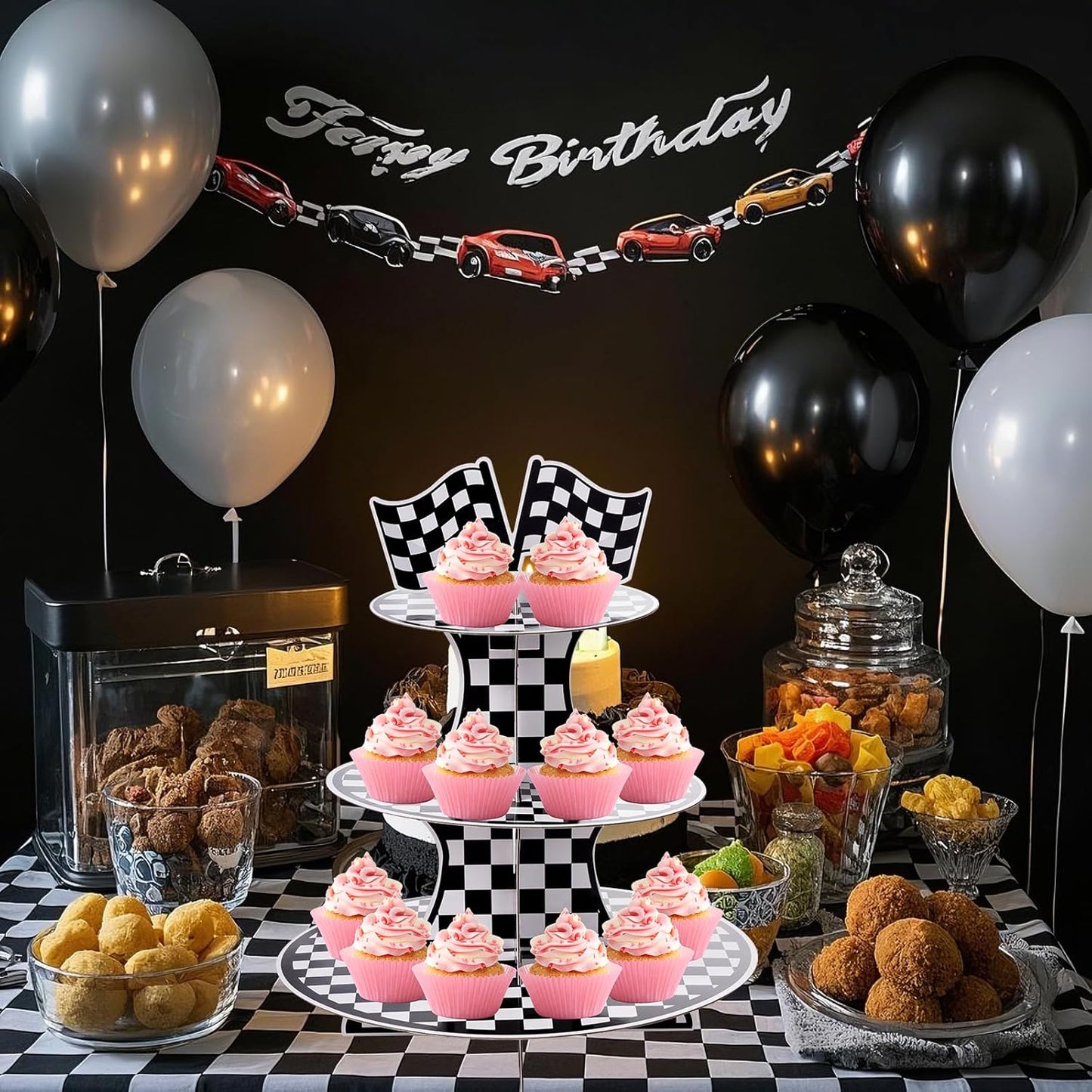 3-Tier Round Cardboard Cupcake Stand Holder, Racing Car Theme Birthday Party Decorations Supplies, Black and White Checkered Dessert Display Stand Tower