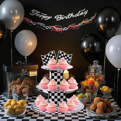 3-Tier Round Cardboard Cupcake Stand Holder, Racing Car Theme Birthday Party Decorations Supplies, Black and White Checkered Dessert Display Stand Tower
