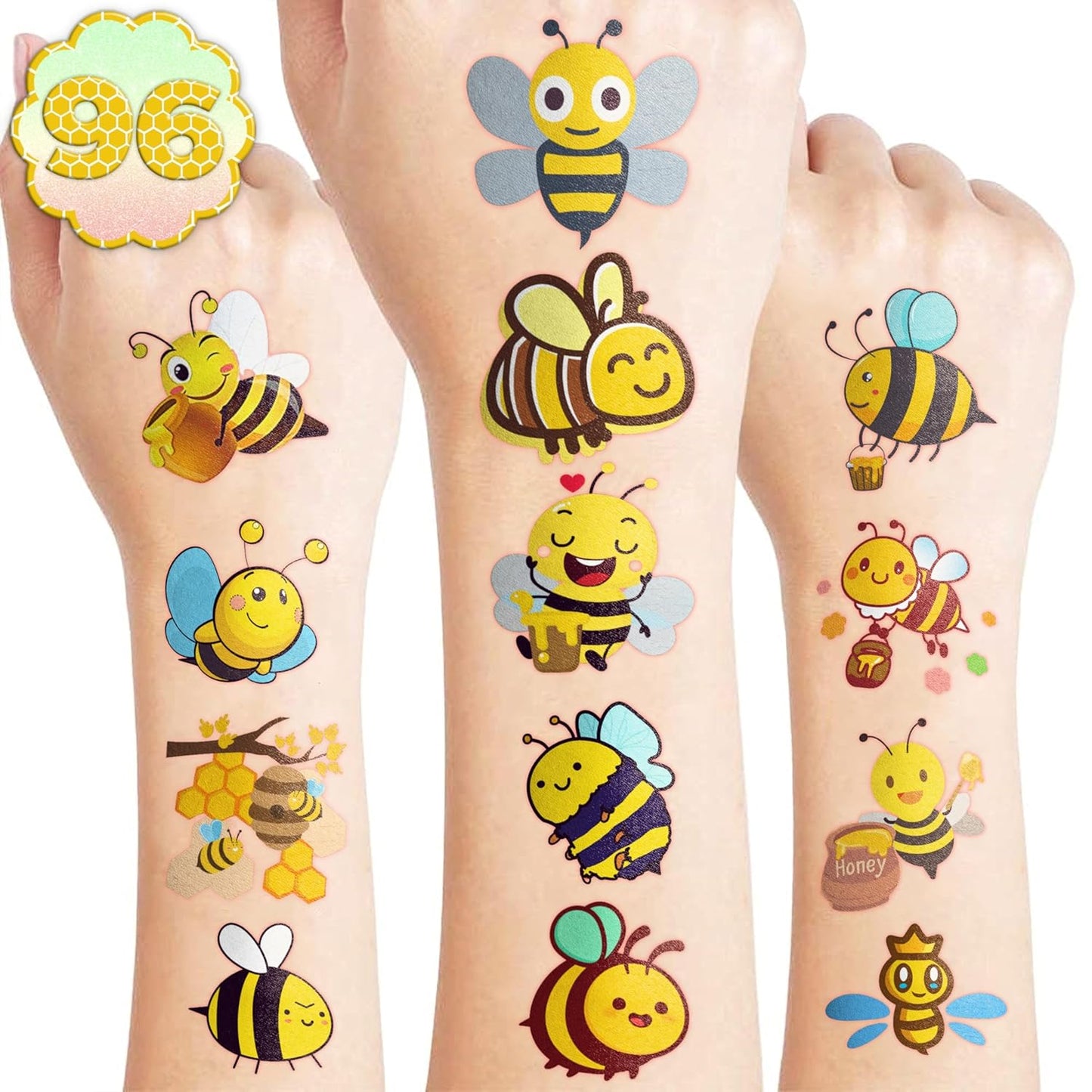 96PCS Bee Pre-Cut Temporary Tattoos for Kids - Cute Party Favors & Decorations, Perfect for Birthday Parties, School Prizes, and Themed Gifts for Boys & Girls