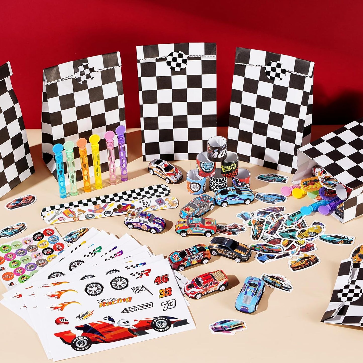 Vanblue 110Pcs Race Car Party Favors Themed Birthday Decorations Supplies Straw Bubble Slap Bracelet DIY Sticker Toy Gift for Boy Kids Treat Candy Bags Stuffers Classroom Rewards