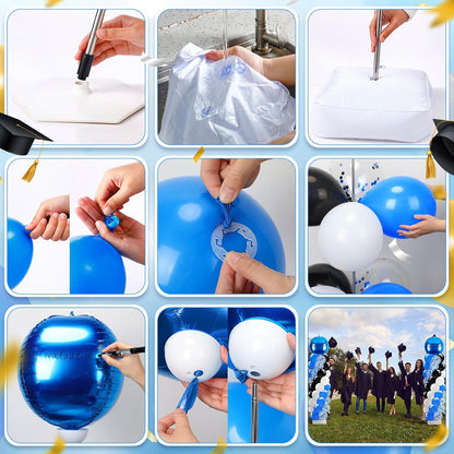 2 Sets Blue and Black White Graduation Balloon Column Stand Kit for Class of 2026, Adjustable Floor Balloon Arch Tower with Foil & Latex Balloons, DIY Decor for Grad Ceremony Backdrop