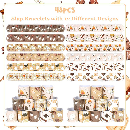 Serencatcher 48PCS S'mores Slap Bracelets Bulk S'mores Party Favors S'mores Slap Wristbands for S'mores Party Decorations Gifts Camping Campfire Camper Birthday Baby Shower Party Supplies