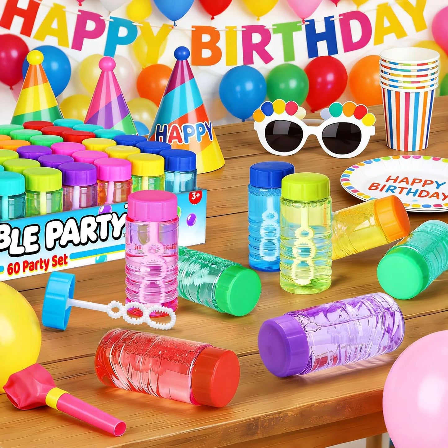 Bulk Neon Bubble Solution Bottles - Lid-Attached Wands, Party Favor Set in Display Box, 60 Pcs | Birthday Decor, Goody Bag Stuffers Supplies, Pinata Fillers, Carnival & Summer Outdoor Toy Gift for Kid