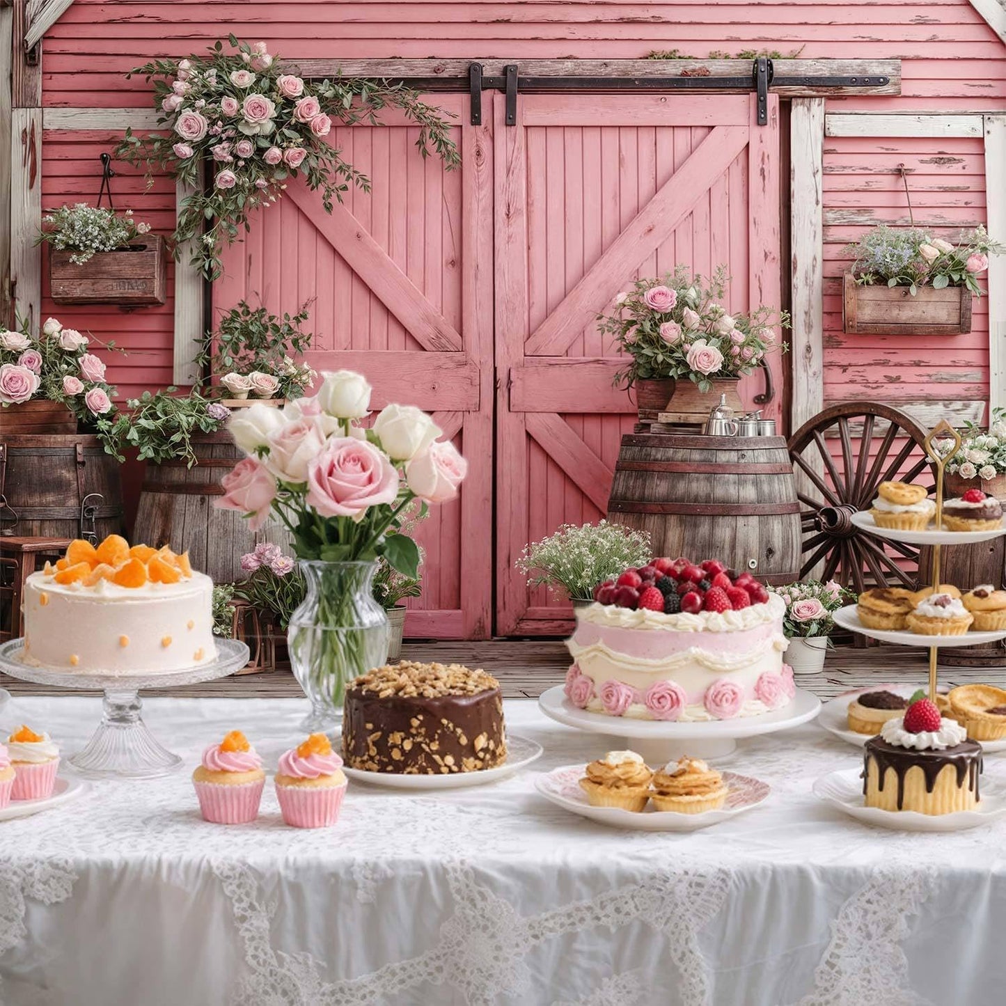 10x8ft Country Wedding Photography Backdrop Rustic Barn Door Photography Backdrop Farmhouse Pink Flower Cabin Wooden Birthday Baby Shower Wedding Bridal Party Banner Photo Booth Props Background