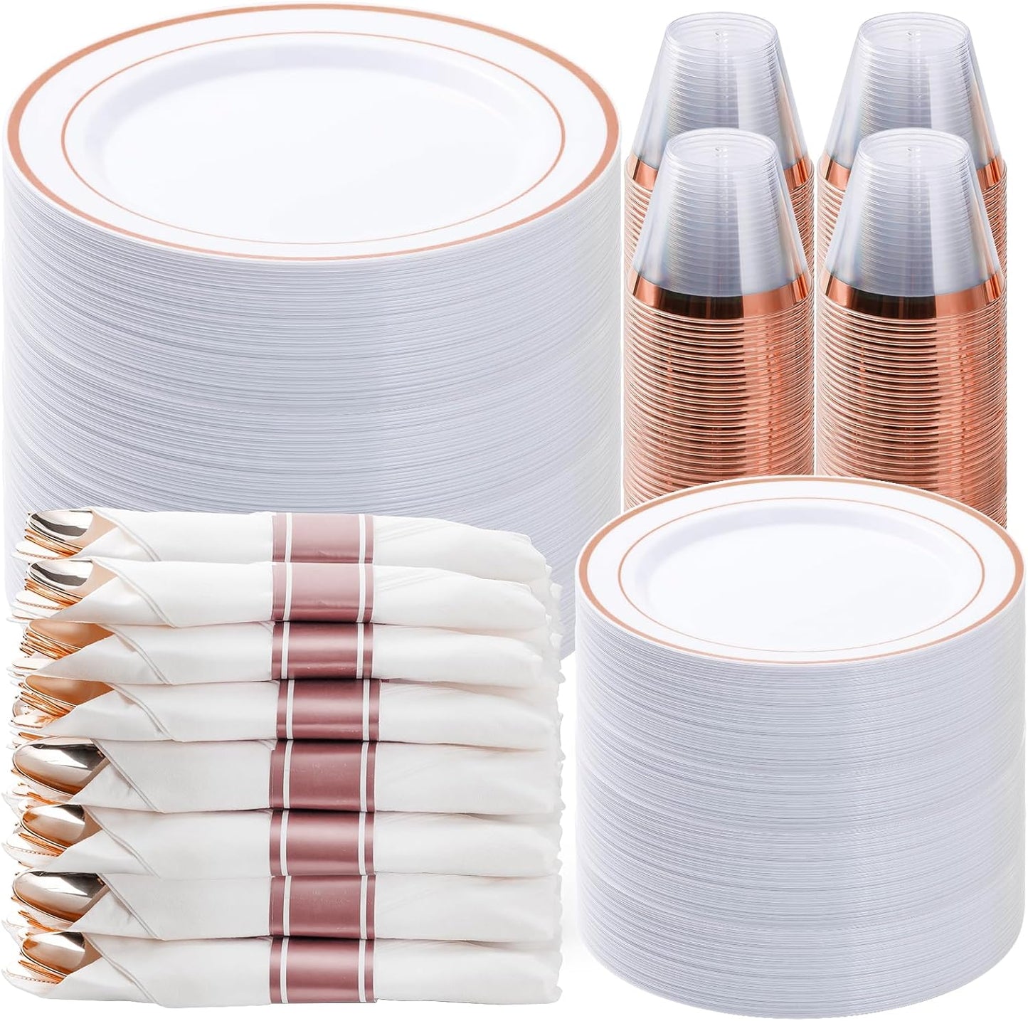 BESTVIP 350PCS Gold Plastic Dinnerware Set, Disposable Party Plates for 50 Guests, Include: 100 Plastic Plates, 50 Pre Rolled Napkins with Gold Silverware, 50 Cups
