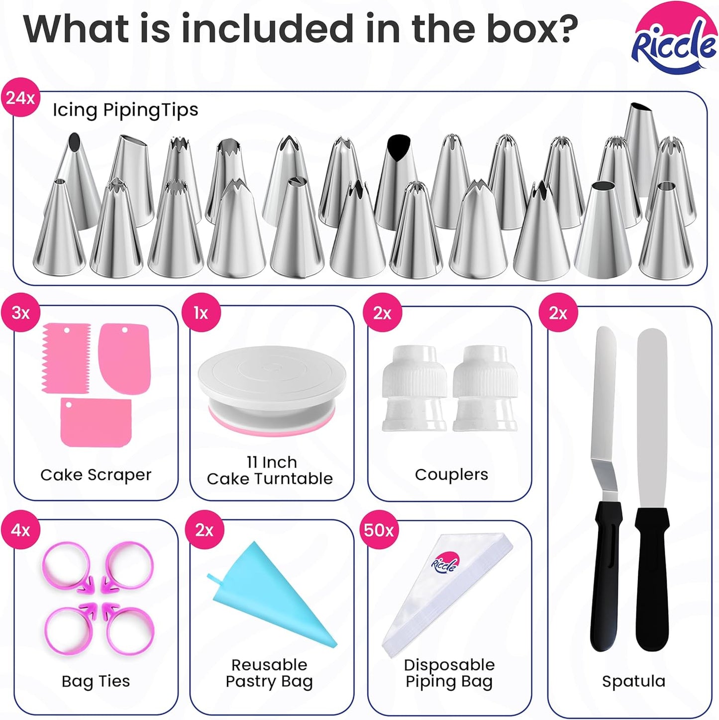 Riccle 88 pcs Cake Decorating Kit with Cake Turntable - Includes 50 Disposable + 2 Reusable Piping Bags and Tips Set, 24 Icing Piping Tips, 2 Spatulas, 3 Icing Comb Scraper, Baking Supplies
