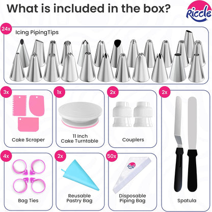 Riccle 88 pcs Cake Decorating Kit with Cake Turntable - Includes 50 Disposable + 2 Reusable Piping Bags and Tips Set, 24 Icing Piping Tips, 2 Spatulas, 3 Icing Comb Scraper, Baking Supplies