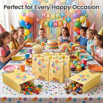 LovesTown 24 Pack Birthday Party Favor Bags with Stickers - 8.7"x4.7"x3.1" Festive Balloon & Gift Box Goodie Bags, Colorful Celebration for Kids Birthday, Classroom Rewards & Gift Packaging